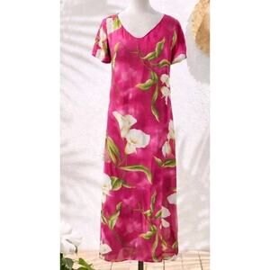 Vtg 90s Silk Maxi Dress Pink Floral Resort Cruise Hawaiian S CA Sport Tropical
